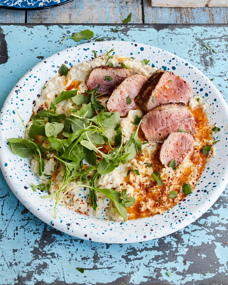 Charred lamb with smoky aubergine labneh
