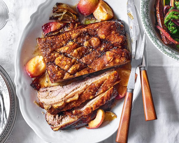 Pork belly with roast peaches, chard and mustard vinaigrette
