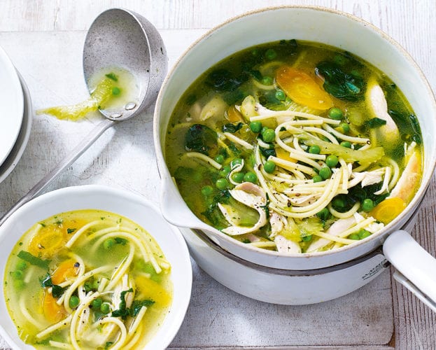 Roast chicken, vegetable and noodle soup