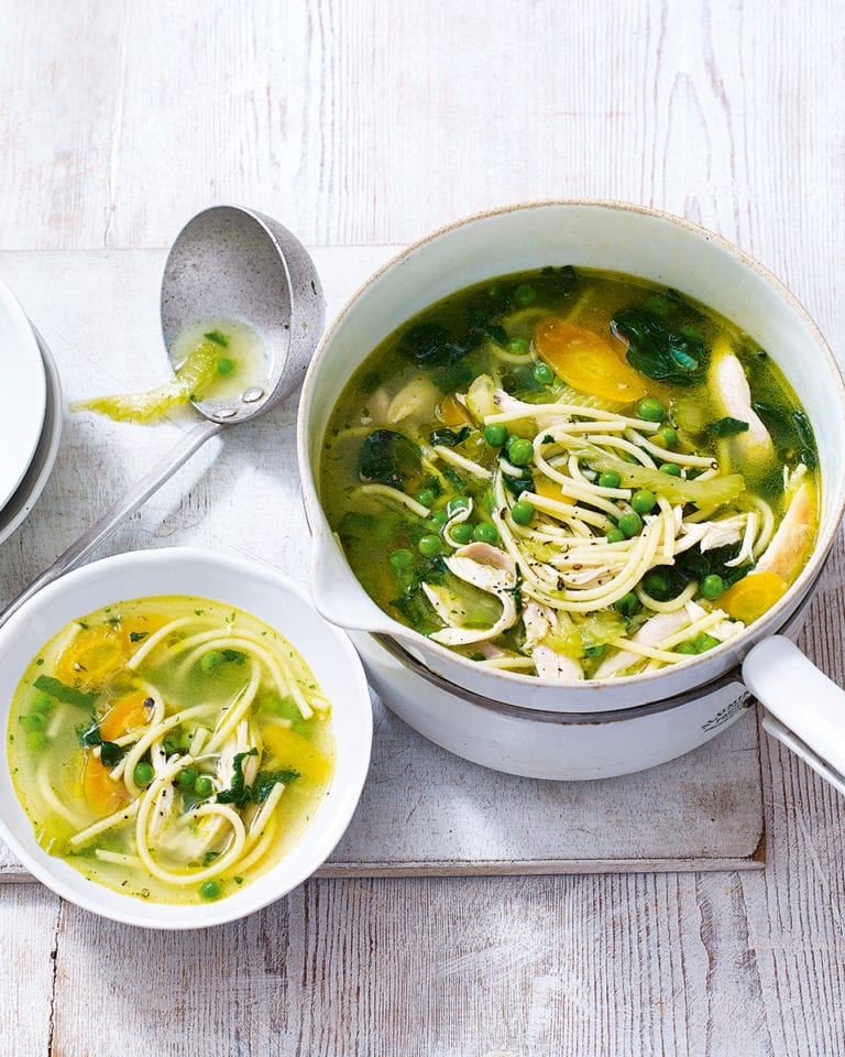 Roast chicken, vegetable and noodle soup