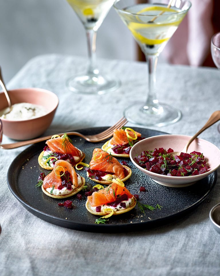 Vesper martini-cured salmon with rye blinis