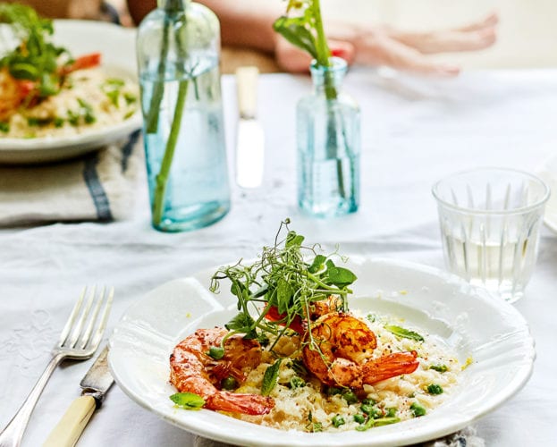 Spring prawn, pea and mint risotto