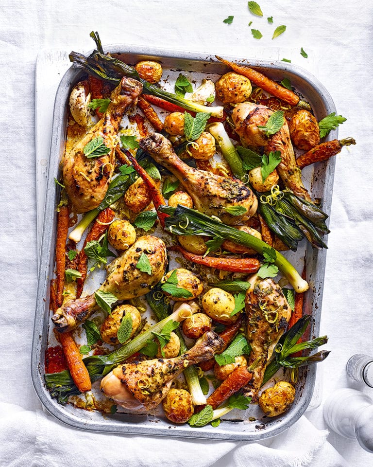 Harissa chicken, new potato and carrot traybake