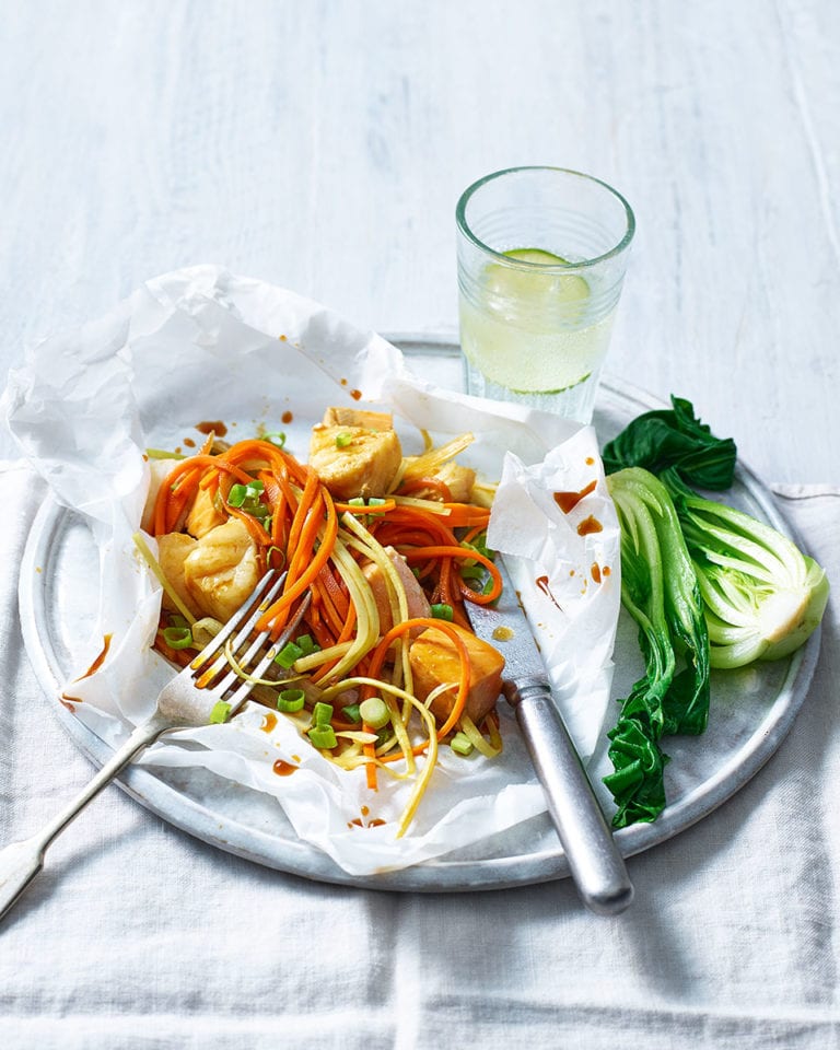 Flaked fish parcels with soy and mirin dressing