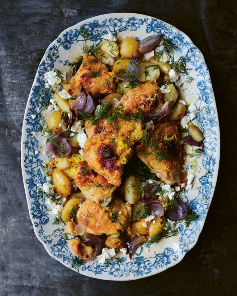 Diana Henry’s chicken thighs with feta cheese, dill, lemon and harissa yoghurt