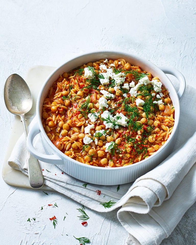 Chickpea, orzo and tomato stew with feta and dill