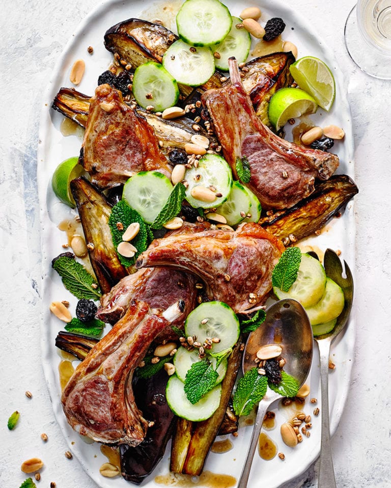 Lamb cutlets with roasted aubergine, peanuts and mint