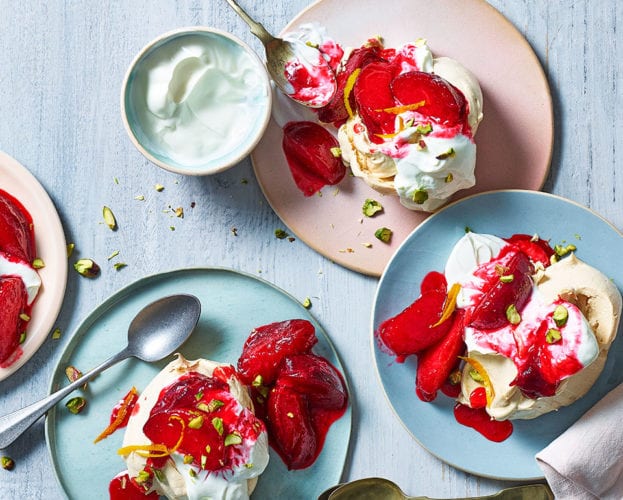 Low-sugar mini plum pavlovas