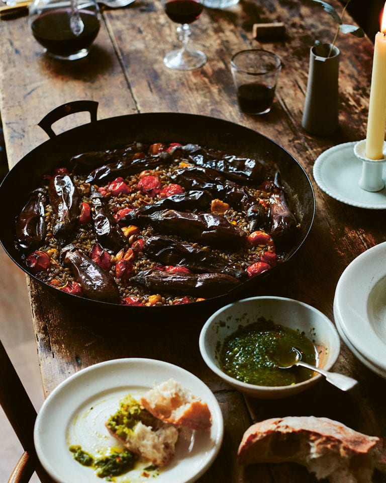 Diana Henry’s butter-roast aubergines and tomatoes with freekeh and koch-kocha