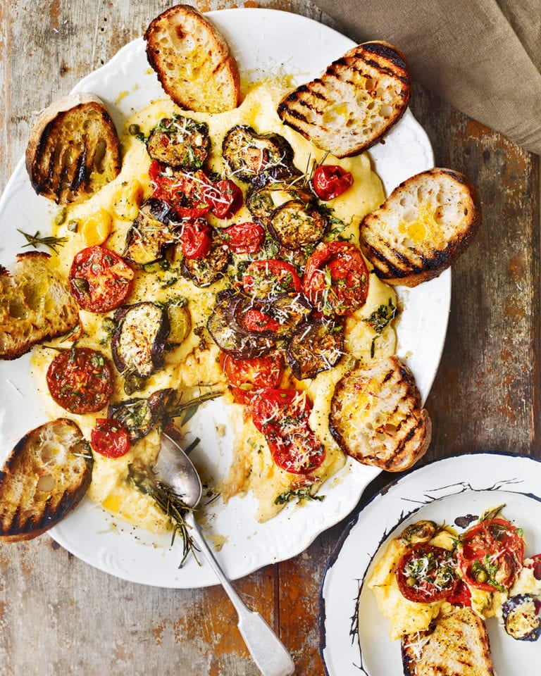 Roast tomatoes and aubergines with polenta, cheese and sourdough