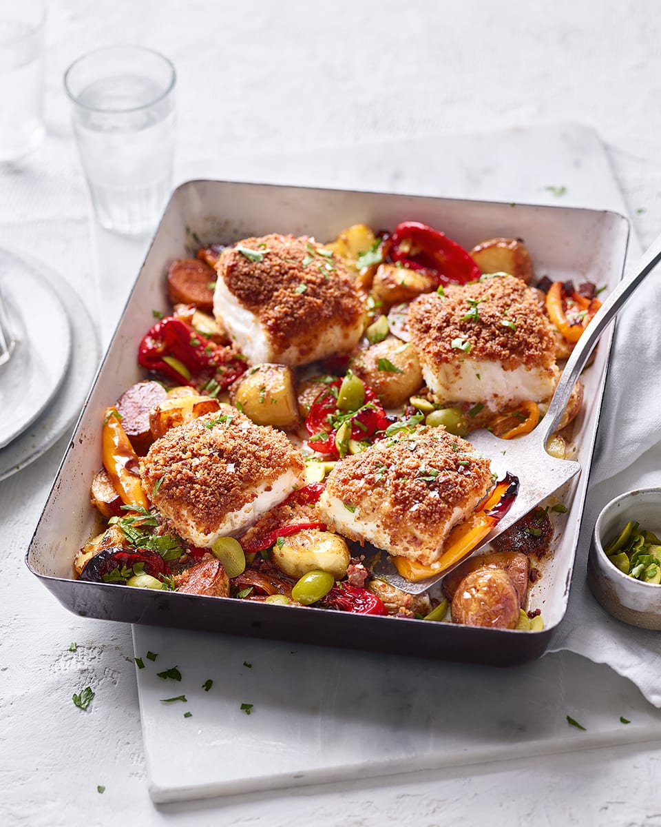 Chorizocrumbed cod and pepper traybake recipe delicious. magazine