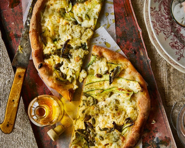Courgette and blue cheese pizza