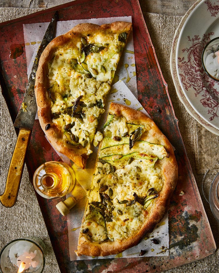 Courgette and blue cheese pizza