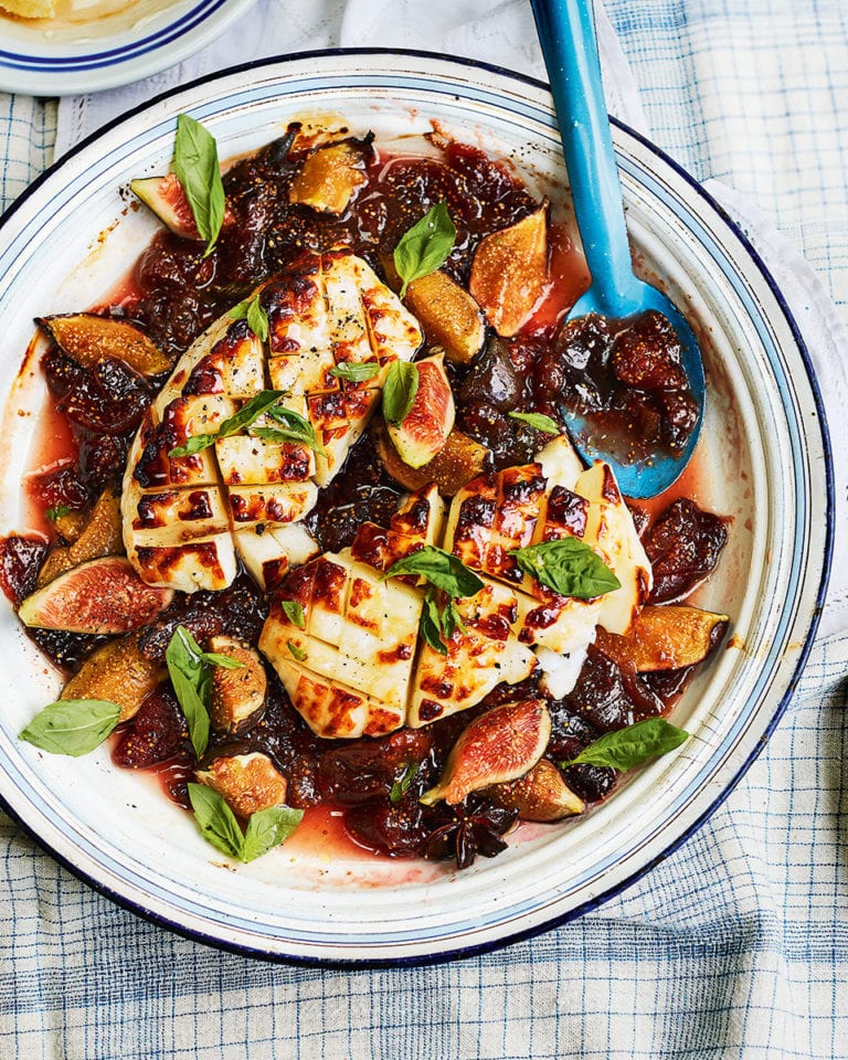 Grilled whole halloumi with fig jam