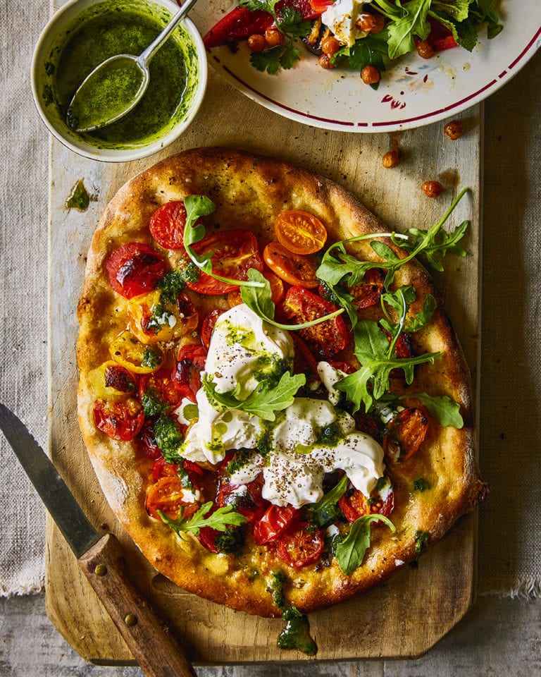 Heirloom cherry tomatoes, burrata and herb pesto pizza