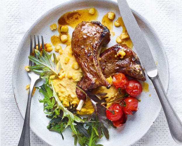 sweetcorn houmous with lamb chops