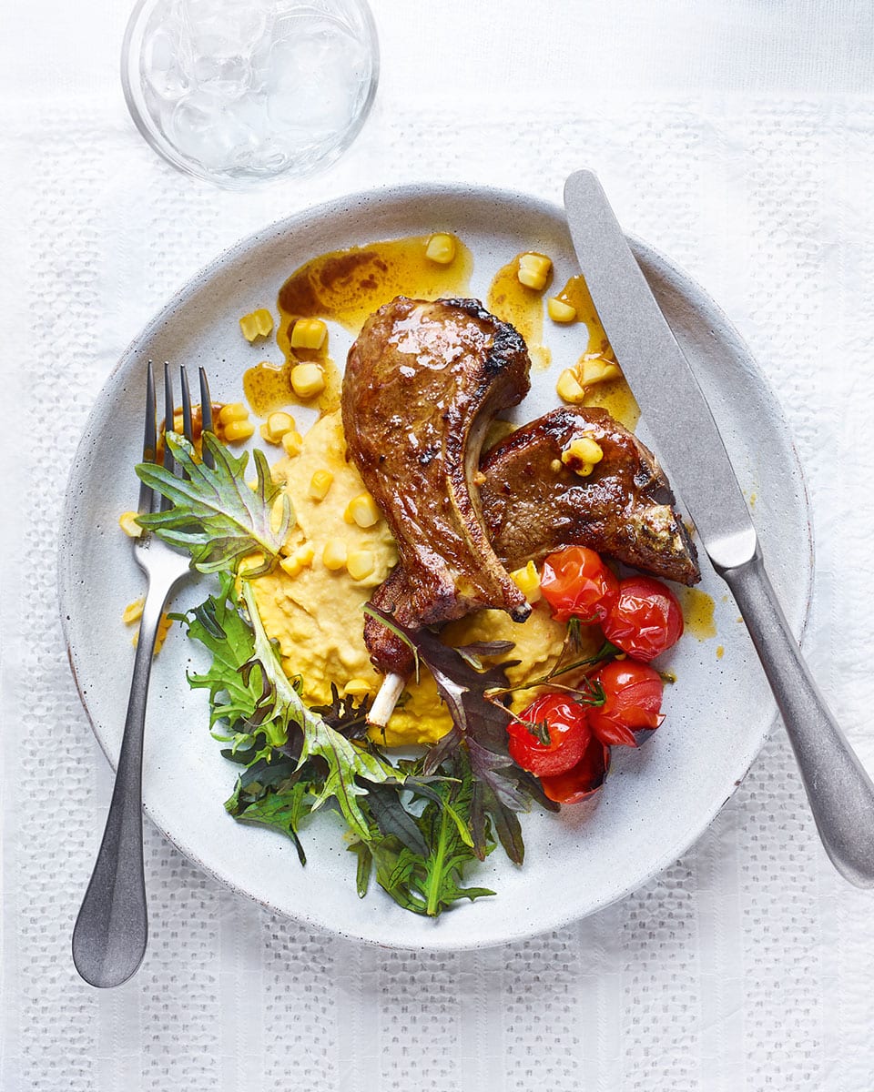 Sweetcorn houmous with lamb chops and tomatoes recipe delicious. magazine