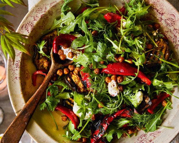 Red pepper, aubergine and crispy chickpea salad