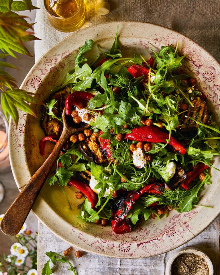 Red pepper, aubergine and crispy chickpea salad