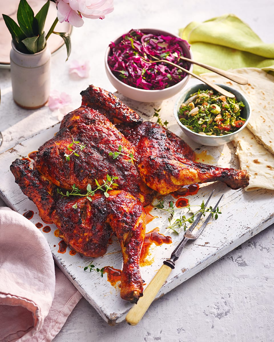 Harissa chicken with almond tabbouleh recipe delicious. magazine