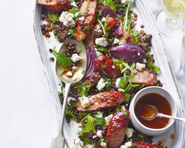 Sausage, lentil and goat’s cheese salad with tapenade dressing