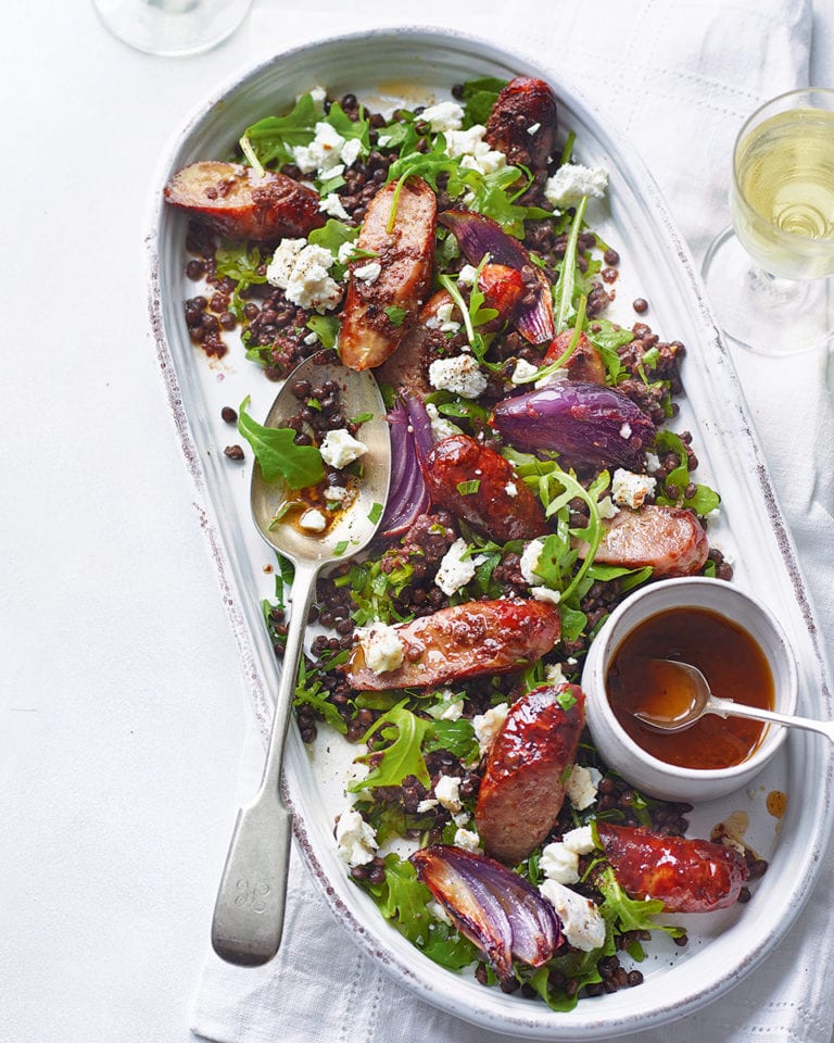 Sausage, lentil and goat’s cheese salad with tapenade dressing