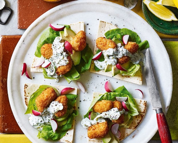 Scampi tacos with jalapeño tartare sauce and avocado