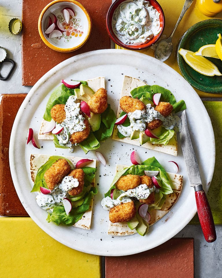 Scampi tacos with jalapeño tartare sauce and avocado