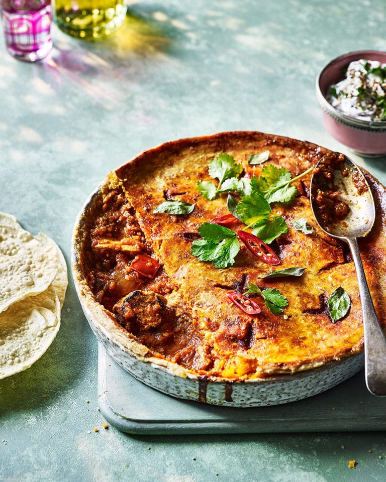 Chicken jalfrezi pie with lime pickle pastry