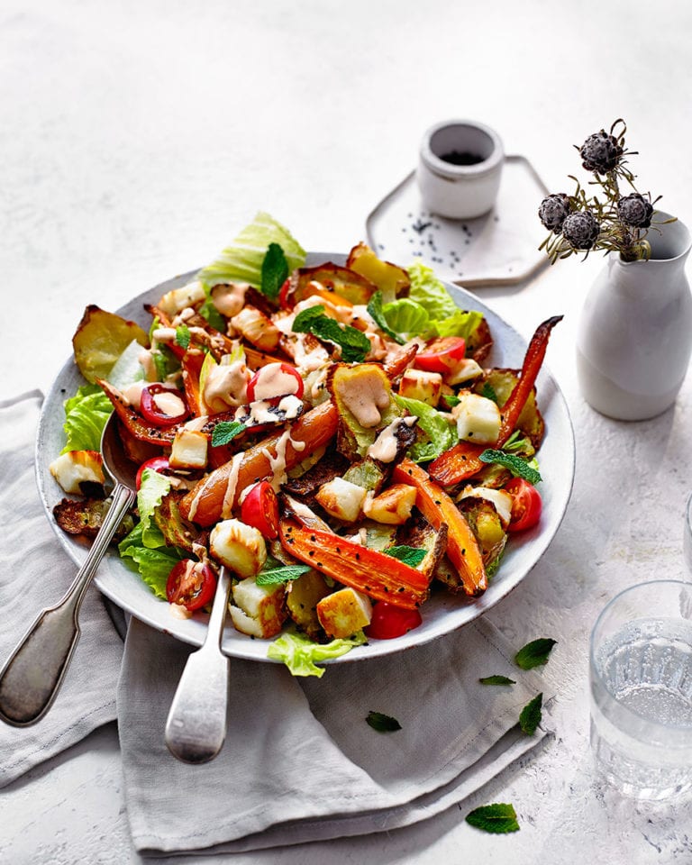 Crispy potato, carrot, halloumi and harissa fatteh