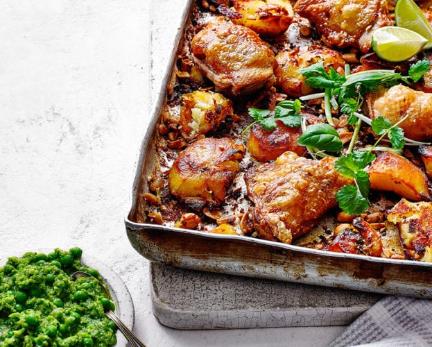 chicken traybake with peanut roasties