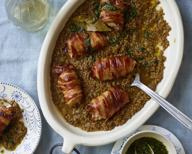 pancetta-wrapped monkfish with lentils and salsa verde