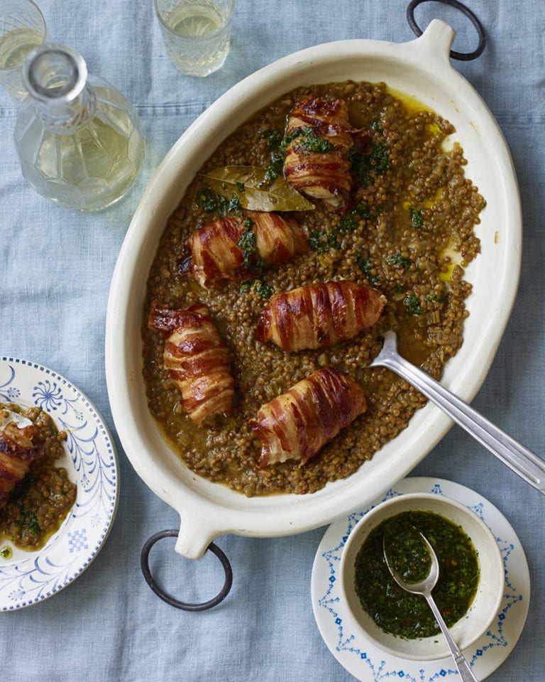 Pancetta-wrapped monkfish with lentils and salsa verde