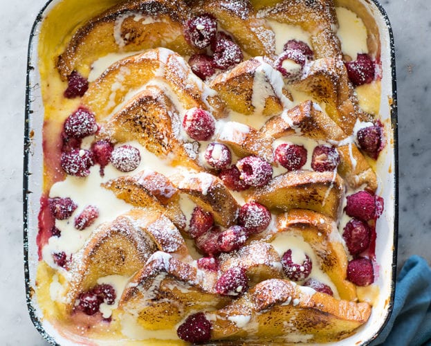 Lemon and raspberry bread and butter pudding