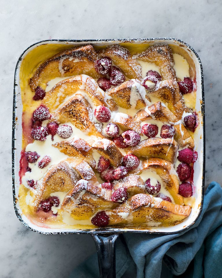 Lemon and raspberry bread and butter pudding