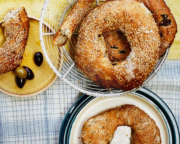 Sesame and black olive koulouri breads