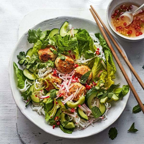 Warm turkey meatball noodle salad