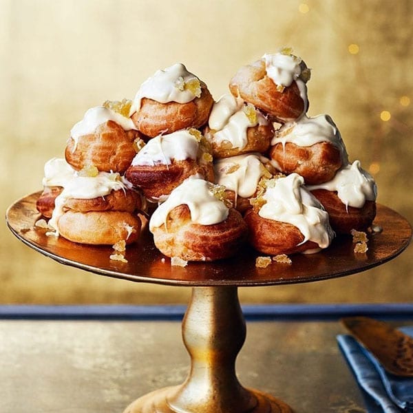 White chocolate, orange and ginger profiteroles