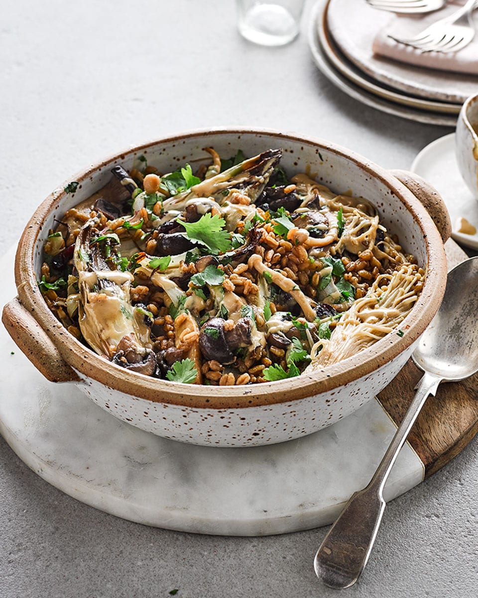 image of Spelt, Chicory and Mushroom One Pot recipe by Delicious Magazine