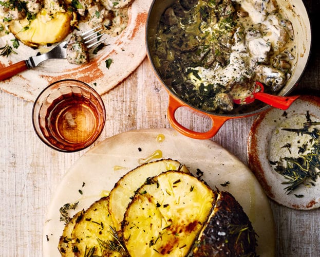 Whole roasted celeriac in porcini butter