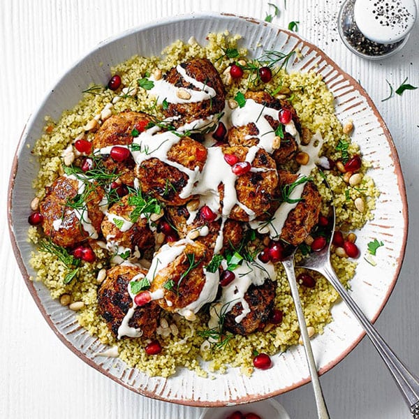 harissa-spiced turkey meatballs with houmous and pomegranate seeds