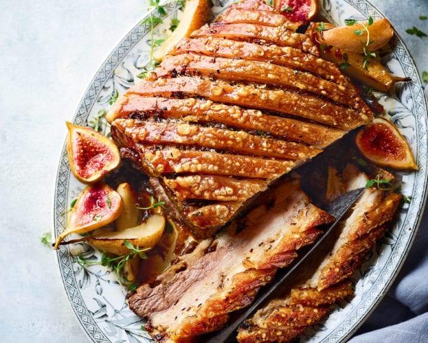 Roast pork belly with figs, pears and sherry