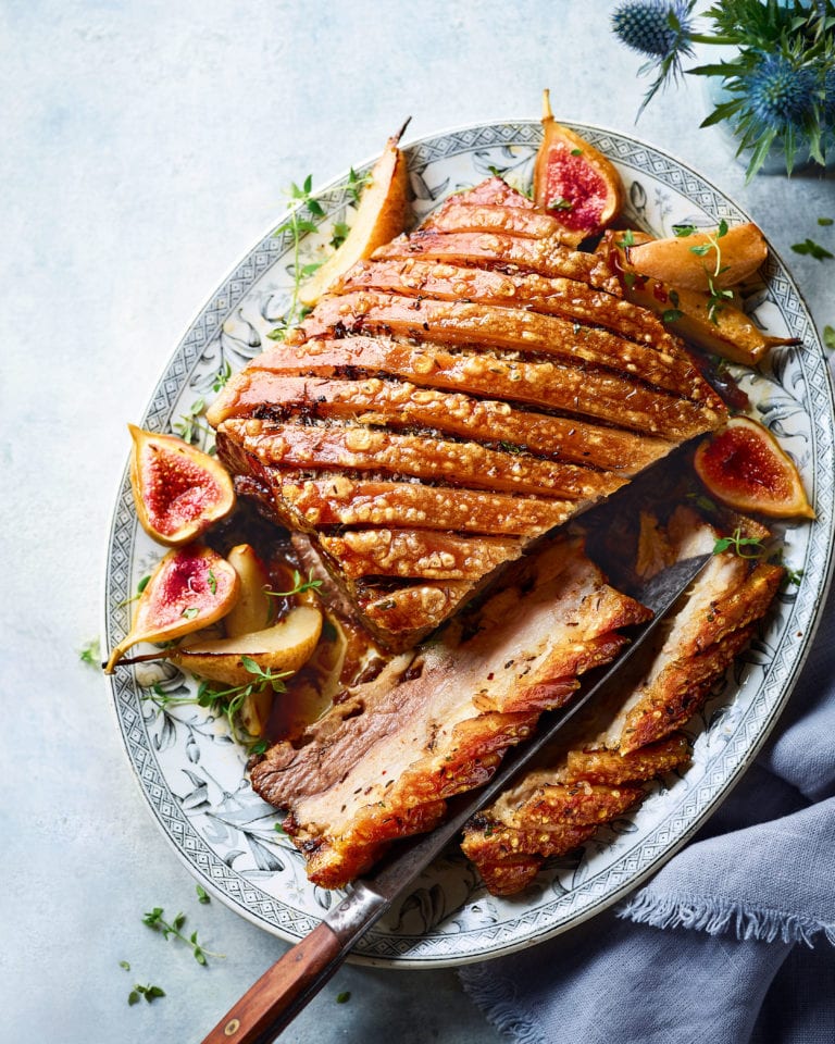 Roast pork belly with  figs, pears and sherry