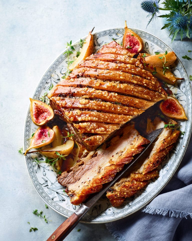 Roast pork belly with figs, pears and sherry