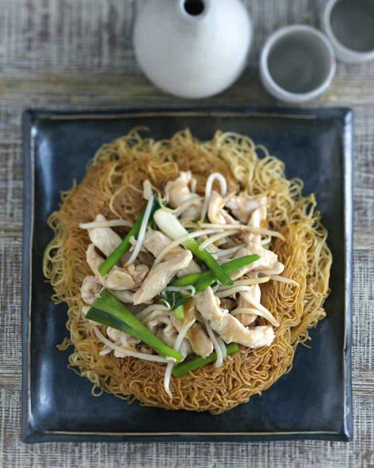 Ken Hom’s chicken on crispy noodles