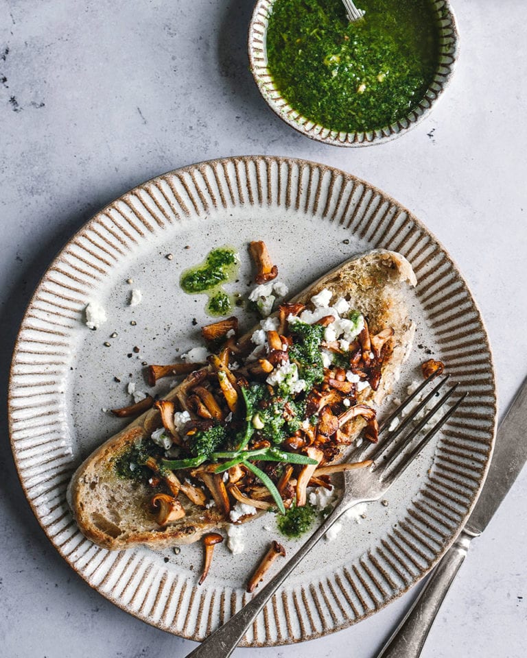 Wild mushroom bruschetta with feta and pesto