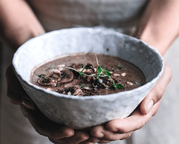 Chestnut mushroom and red wine soup