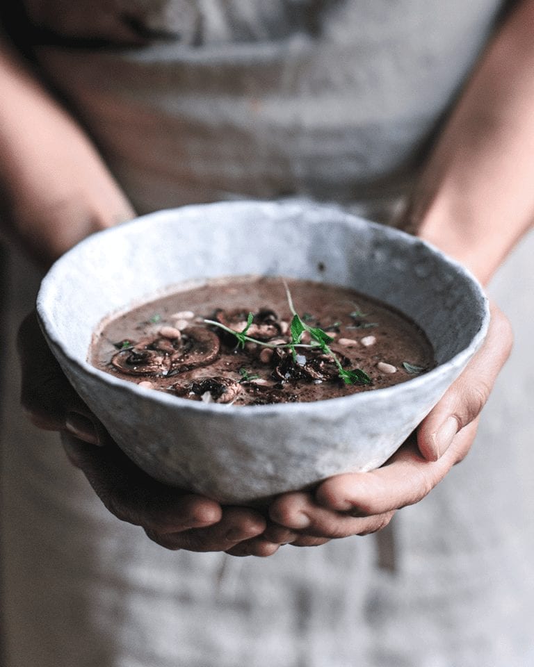 Chestnut mushroom and red wine soup