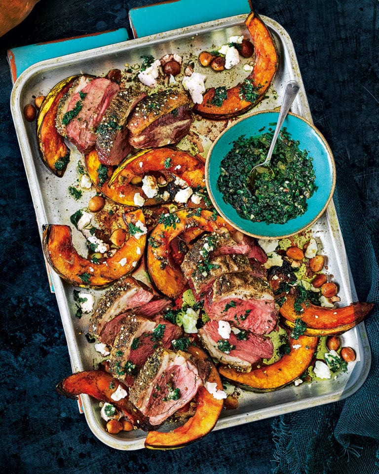 Pumpkin, lamb and feta traybake