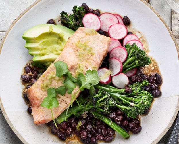 Sesame and soy salmon with lime dressing